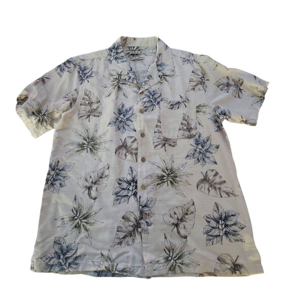 Vtg Batik Bay Mens Silk Hawaiian Shirt M Palm Leaf Print Beige & Blue Vacation - Picture 4 of 15